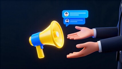 Businessman with megaphone and chat bubbles