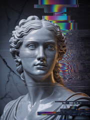 A statue of a woman with a face and a head. Glitch effect