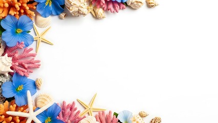 Vibrant summer border with seashells, starfish, and colorful coral