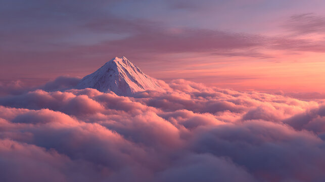 Snow-capped mountain peak surrounded by vibrant pink clouds during sunset - Powered by Adobe