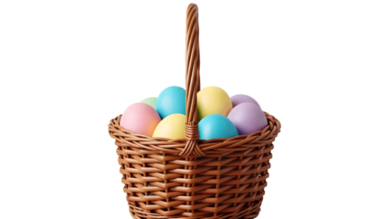 Easter basket filled with colorful eggs isolated on transparent background