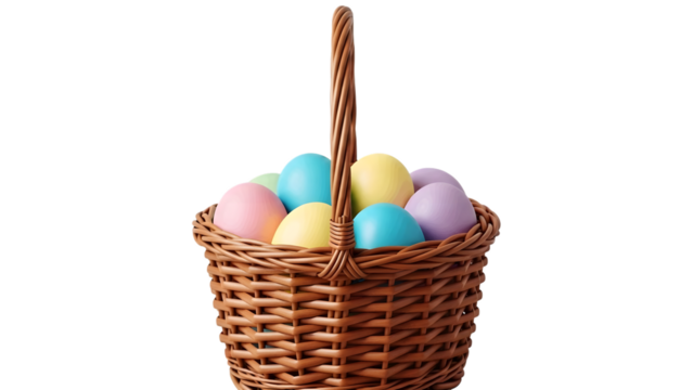 Easter basket filled with colorful eggs isolated on transparent background - Powered by Adobe