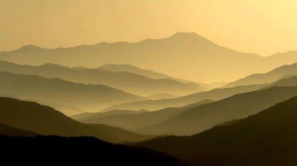 Softly lit mountain ranges in layers with golden haze