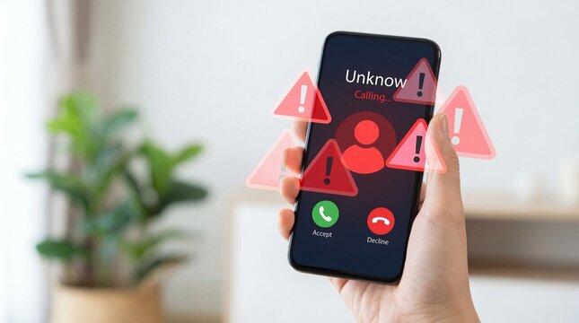 a hand holding a smartphone displaying an incoming call with numerous warning signs and alerts surrounding the screen indicating a potential scam