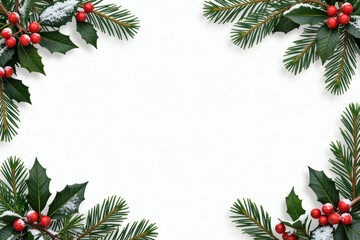 Winter holiday foliage frame with pine and holly leaves