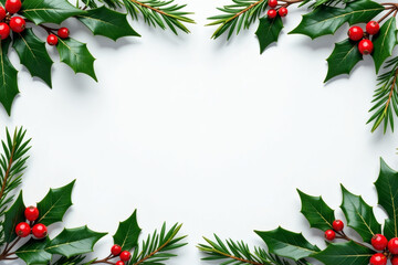 Winter greenery border with pine needles and holly berries