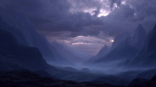 Misty mountain valley at dusk with moody sky; dark, subdued colors, and a hint of light peeking through clouds