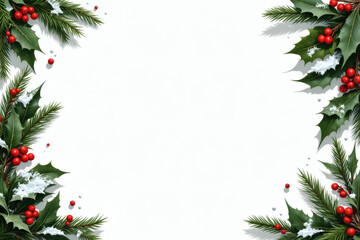 Winter border with green pine branches and red berries