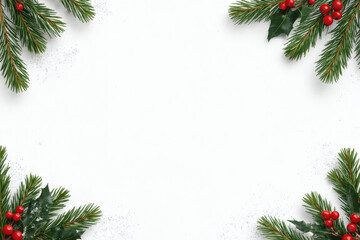 Winter holiday border with pine needles and holly clusters