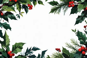 Green pine holly and red berries frame on white