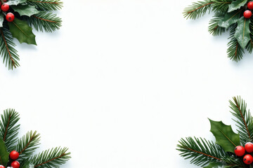 Snowy pine and holly foliage around white copy space