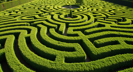 Aerial shot of a meticulously designed hedge maze, showcasing winding paths and concentric circles, creating an intricate pattern