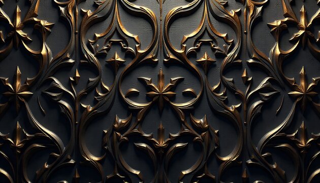Intricate gothic ornament pattern with dark charcoal texture and golden metallic accents