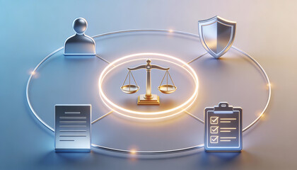 3D digital illustration of legal and ethical compliance in technology featuring glowing scales of justice connected to security shield person icon document and verification checklist