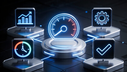 3D digital illustration of an artificial intelligence performance dashboard with a glowing speedometer icon connected to data charts gears time management clocks and checkmarks