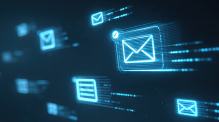 Futuristic digital mail icons representing fast email communication and tech advancements in a virtual setting.