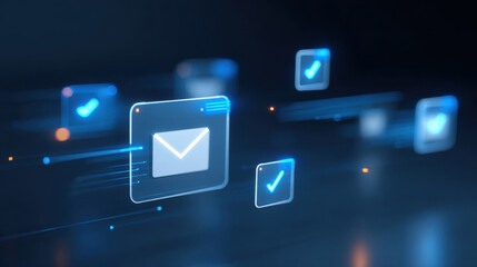 Futuristic email notifications with glowing icons representing communication in a digital space.