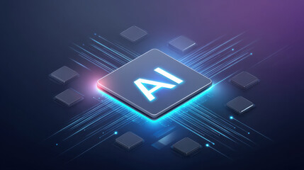Futuristic graphic of an AI chip with vibrant illumination and circuitry design, symbolizing advanced technology.