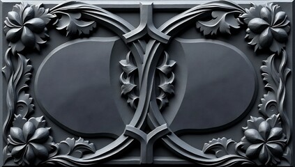 Intricate matte granite bas-relief with geometric floral carvings and oval insets, dark grey textured.