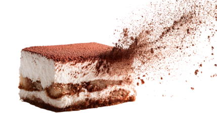 A block of tiramisu dessert with layers of mascarpone cheese and cocoa powder being sprinkled on top isolated on white background with sweet