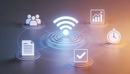 3D digital illustration of a glowing wifi signal icon representing global wireless connectivity linked to human resources data analytics time management and verified security symbols