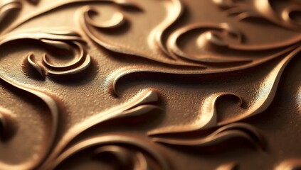 Intricate, close-animated movie view of a premium bronze abstract ornamental relief, showcasing flowing curves and a rich, metallic texture