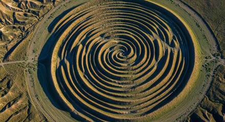 Aerial view of a large earthen spiral structure set into a grassy landscape, with concentric, spiraling formations