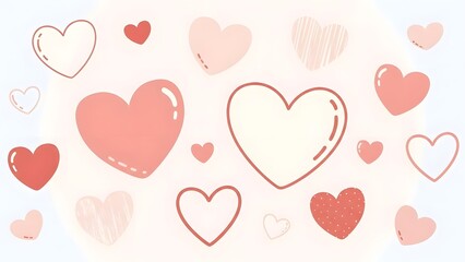 Collection of various pink and red hand drawn hearts on light blue background