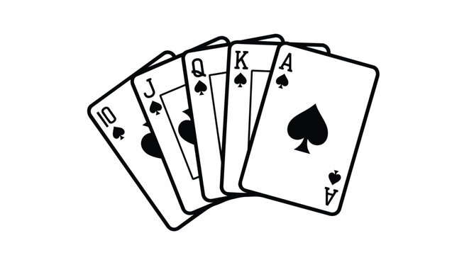 A perfect royal flush of spades featuring cards ten through ace, fanned cleanly. This graphic represents the ultimate winning hand and strategic