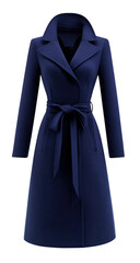 Dark-blue, belted trench coat, front view