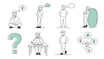 Fototapeta premium Collection of people thinking and having ideas illustrated in a simple line art style.