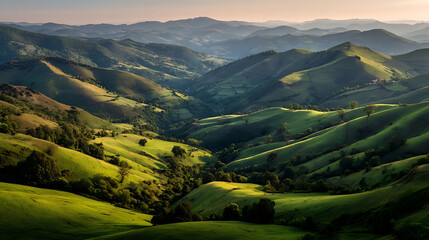 Sunlit Green Mountain Ridges and Valleys in Soft Evening Light