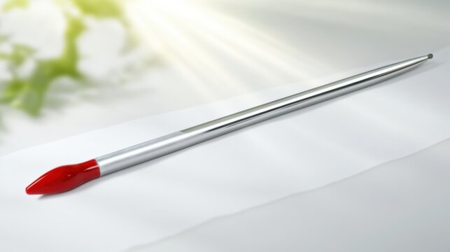 A single sterile thermometer with a red tip is placed on a white surface