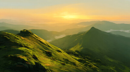 Sunlit Mountain Peaks at Sunrise Over Green Valleys Keywords: mountain, peaks, sunrise, sun