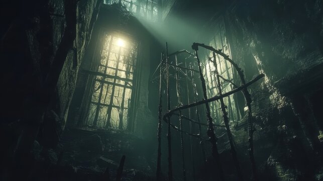 A skeletal cage made of twisted rebar stands empty within a dark abandoned structure with light shining through barred windows