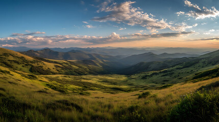 Sunlit Mountain Valley with Golden Grass and Hazy Peaks