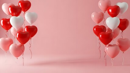 A festive arrangement of heart shaped balloons in red, pink, and white hues on a soft pink background for valentines day or romantic celebrations