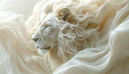 A majestic lion head emerges from flowing, textured, pale-toned wisps, evoking movement and grace in a serene atmosphere