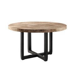  A circular wooden table with a pedestal base stands isolated against a white background, showcasing its natural wood grain and design
