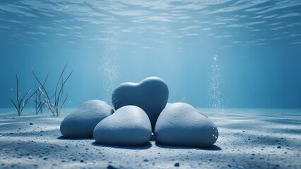 Underwater scene with heart shaped stones on the ocean floor with bubbles rising to the surface in a serene blue environment