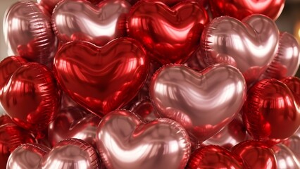 A bunch of red and pink heart shaped balloons for valentines day celebration