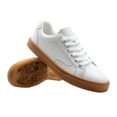 Pair of pristine white leather low-top sneakers with flat laces, simple design, and slightly rounded toe
