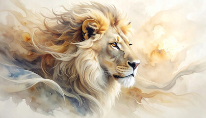 A majestic lion head emerges from flowing, textured, pale-toned wisps, evoking movement and grace in a serene atmosphere