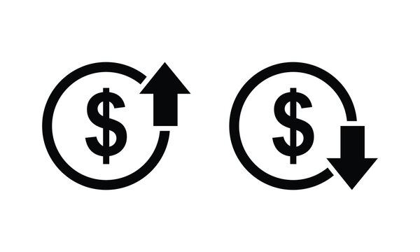Dollar price rise and fall icon set. A set of currency symbols that rise and fall. A dollar coin with up and down arrows with outline and fill, isolated on a white background.