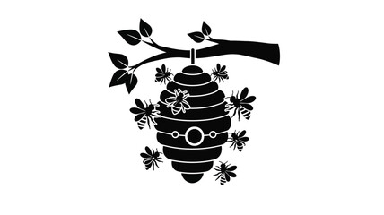 A striking black silhouette of a beehive with bees and foliage