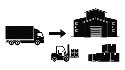 Delivery process from truck to warehouse using forklift black silhouette