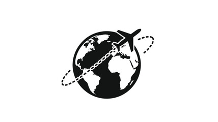 Global travel concept with airplane and world map black silhouette