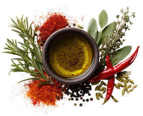 Aromatic herbs and spices arranged around a bowl of oil