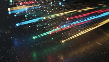 Abstract Fiber Optic Lights Streaking Through Darkness.