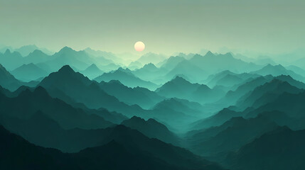 Teal Mountain Layers in Morning Mist with Sun mountains